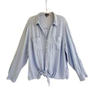 Jones New York Blue Striped Button Down Tie Waist Shirt Top Size XXL